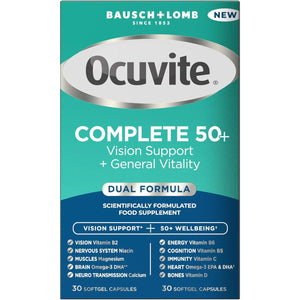 Ocuvite Complete 50+ Eye Supplement - Supports the Visual System & 50+ Wellbeing by Bausch + Lomb – Lutein and Zeaxanthin Supplement with Omega 3 DHA & EPA, Vitamin B6 & Vitamin D, 2 Capsules per Day