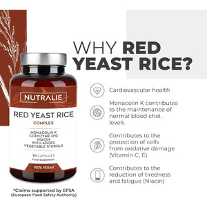 RED Yeast Rice Complex - Cholesterol Lowering Supplement - Monacolin K 2,9Mg & Q10 30Mg - Red Yeast Extract Gluten Free - 90 Vegan Capsules Nutralie