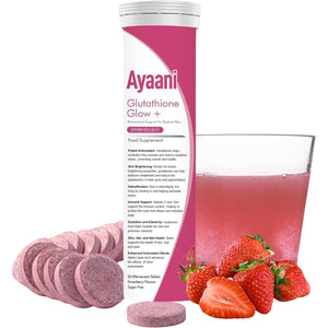 Ayaani Glutathione Glow+ 1200Mg - Effervescent Beauty Tablets with Vitamin C, Hyaluronic Acid & Alpha Lipoic Acid - Skin Brightening & Antioxidant Support - Strawberry Flavour - 20 Tablets