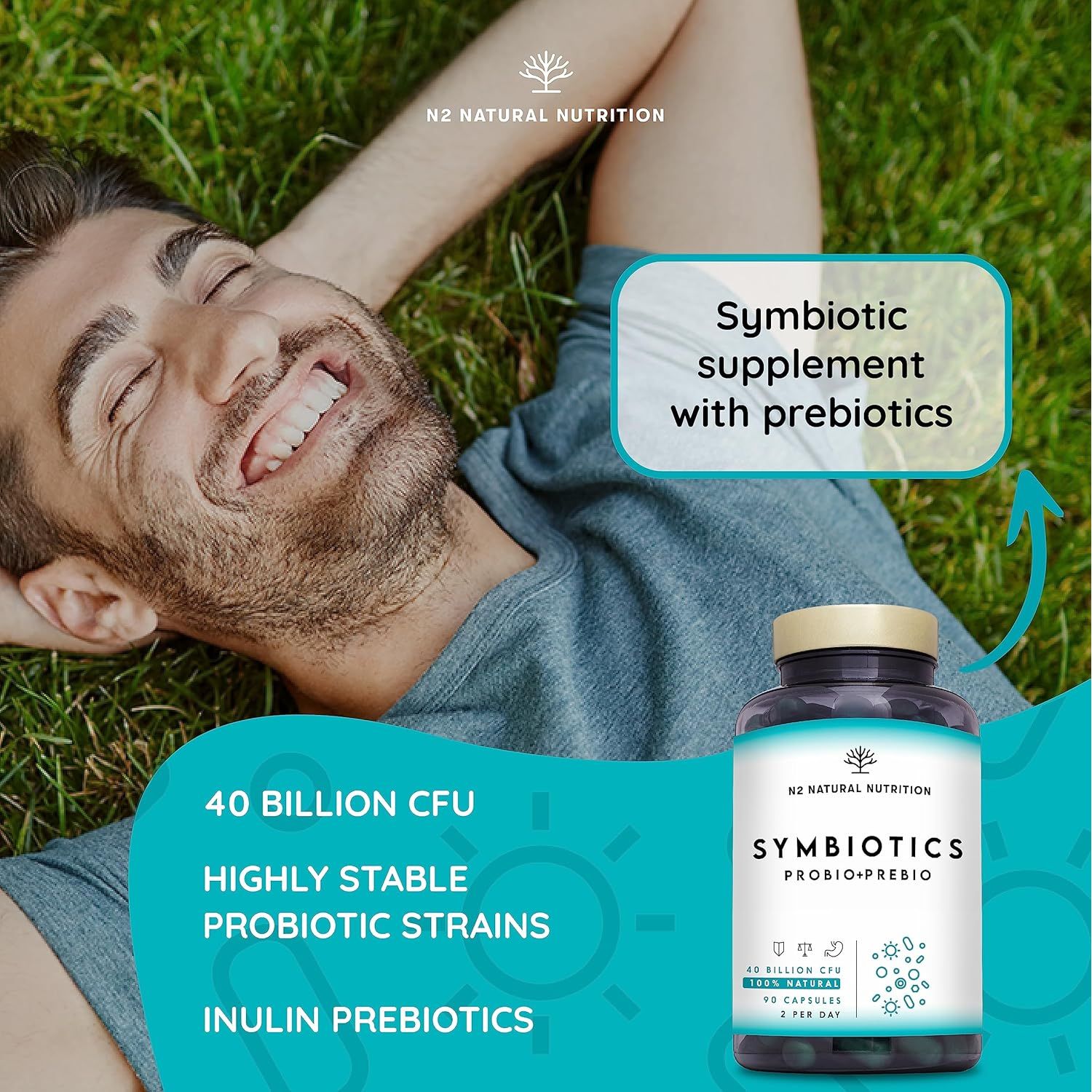 Probiotics and Prebiotics Supplement for Adults, 40 Billion CFU, 6 Probiotic Strains with Inulin. 90 Vegan Capsules. N2 Natural Nutrition