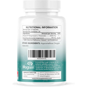 Vinco Magtein® Magnesium L-Threonate Supplement - 120 High Strength Magnesium L Threonate Capsules - 2000Mg Bioavailable Form of Magnesium per Serving - Non-Gmo & Gluten Free – Made in the UK