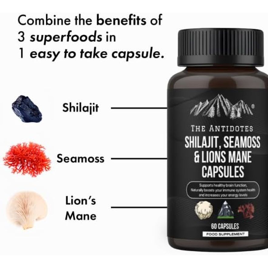 The Antidotes Shilajit, Seamoss and Lions Mane Capsules - 60 Vegan Capsules