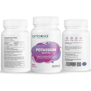Ambrosial Potassium Chloride 1500Mg – High Strength Potassium Supplement | Made in UK | Gluten Free, Non-Gmo | 180 Tablets