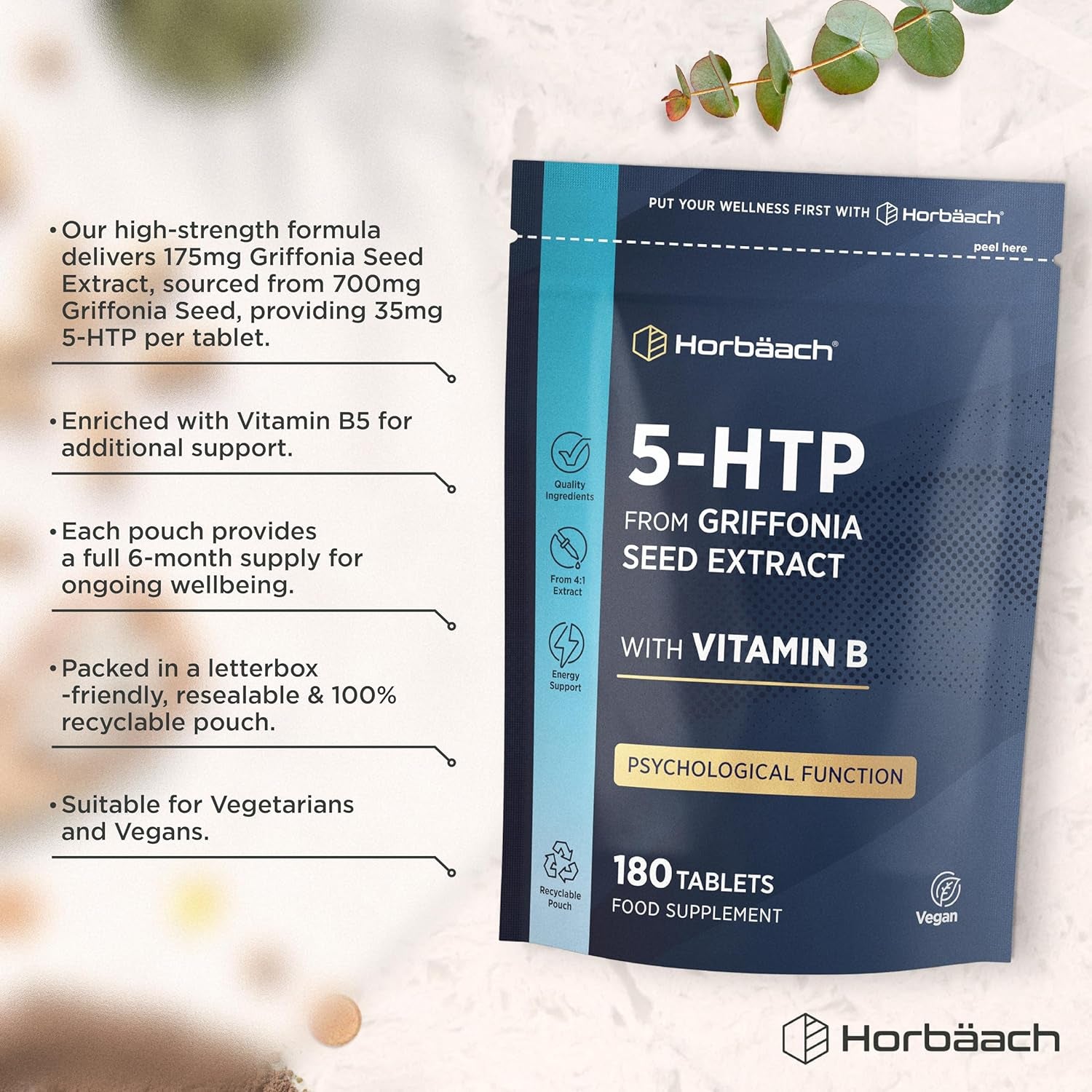 5HTP Supplement High Strength | 180 Vegan Tablets | 6 Month Supply - One a Day | from Griffonia Seed Extract | with Vitamin B5 | by Horbaach