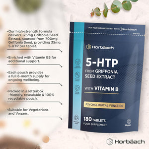 5HTP Supplement High Strength | 180 Vegan Tablets | 6 Month Supply - One a Day | from Griffonia Seed Extract | with Vitamin B5 | by Horbaach