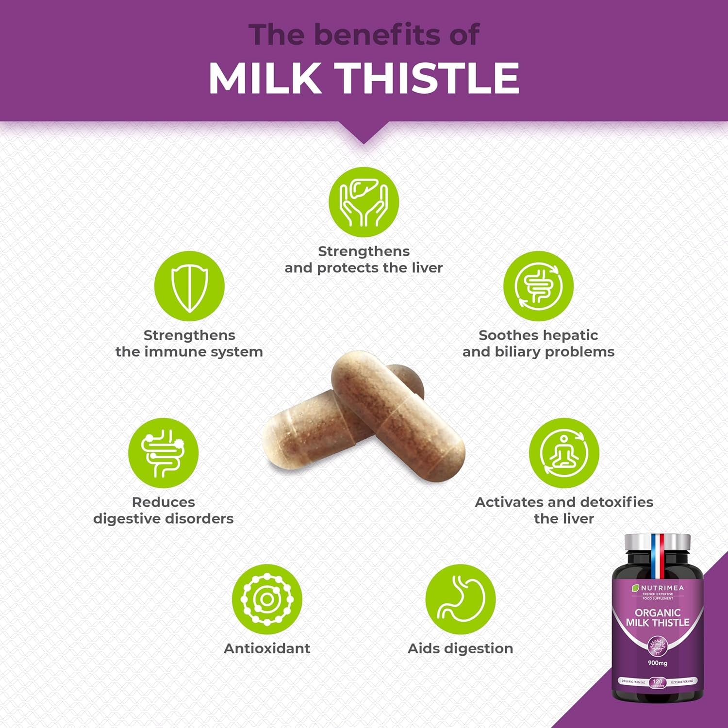Organic Milk Thistle - Pure Seed Powder Excipient Free - Triple Action Liver Supplement: Detoxify, Protect & Strengthen - 120 Vegan Capsules - High Strengh - French Expertise - Nutrimea