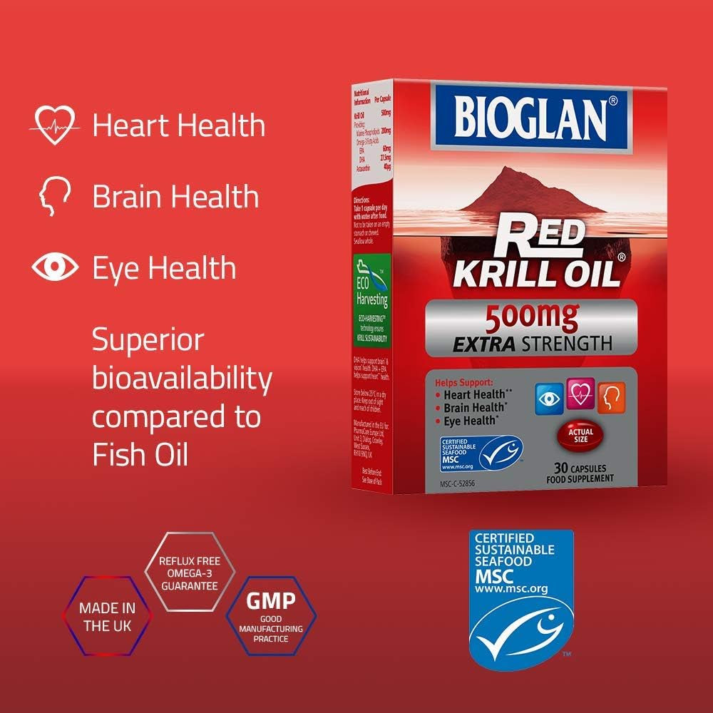 Bioglan Red Krill Oil | 500Mg | High in Omega-3 | EPA & DHA | Help Support Heart Eye & Brain Health | One Month Supply | 30 Capsules