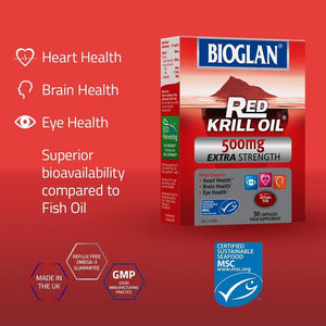 Bioglan Red Krill Oil | 500Mg | High in Omega-3 | EPA & DHA | Help Support Heart Eye & Brain Health | One Month Supply | 30 Capsules