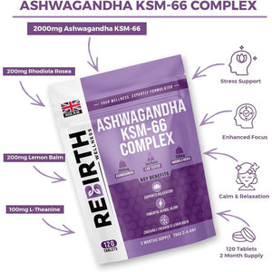 Ashwagandha High Strength KSM 66 Complex - 2000Mg Enhanced with Rhodiola Rosea, L Theanine & Lemon Balm for Sleep Aid & Calm - 120 Ashwagandha KSM 66 Tablets - Vegan Supplement, Made in UK