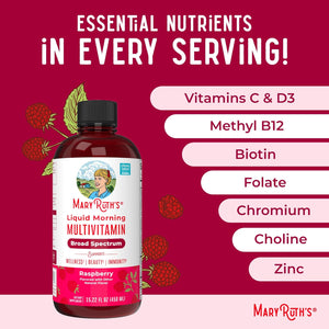Maryruth Organics, Liquid Morning Multivitamin Essentials+, Essential Vitamins & Minerals, Sugar Free, Raspberry Flavour, 450Ml, Vegan, Gluten Free