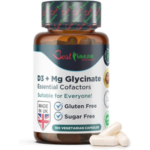 Best Immune, Magnesium Glycinate 400Mg D3 1000IU Essential Cofactors Complex Premium Quality 100 Vegetarian Capsules Highest Bioavailability