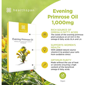 Healthspan Evening Primrose Oil | Support Women'S Health | Helps Maintain Hormonal Balance | Rich Source of Omega 6 Fatty Acids | Added Vitamin E | Vegan (90 Capsules, 1,000Mg)