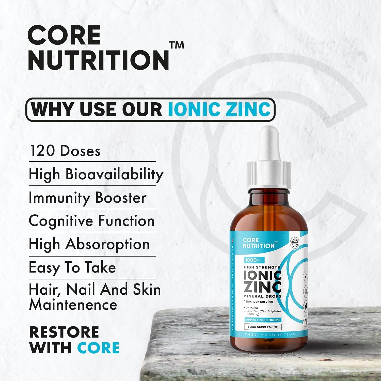 Ionic Zinc Liquid Drops - 60Ml Glass Bottle - 120 Servings - High Strength 15Mg - Supports Metabolism & Healthy Immune System - Made by Core Nutrition