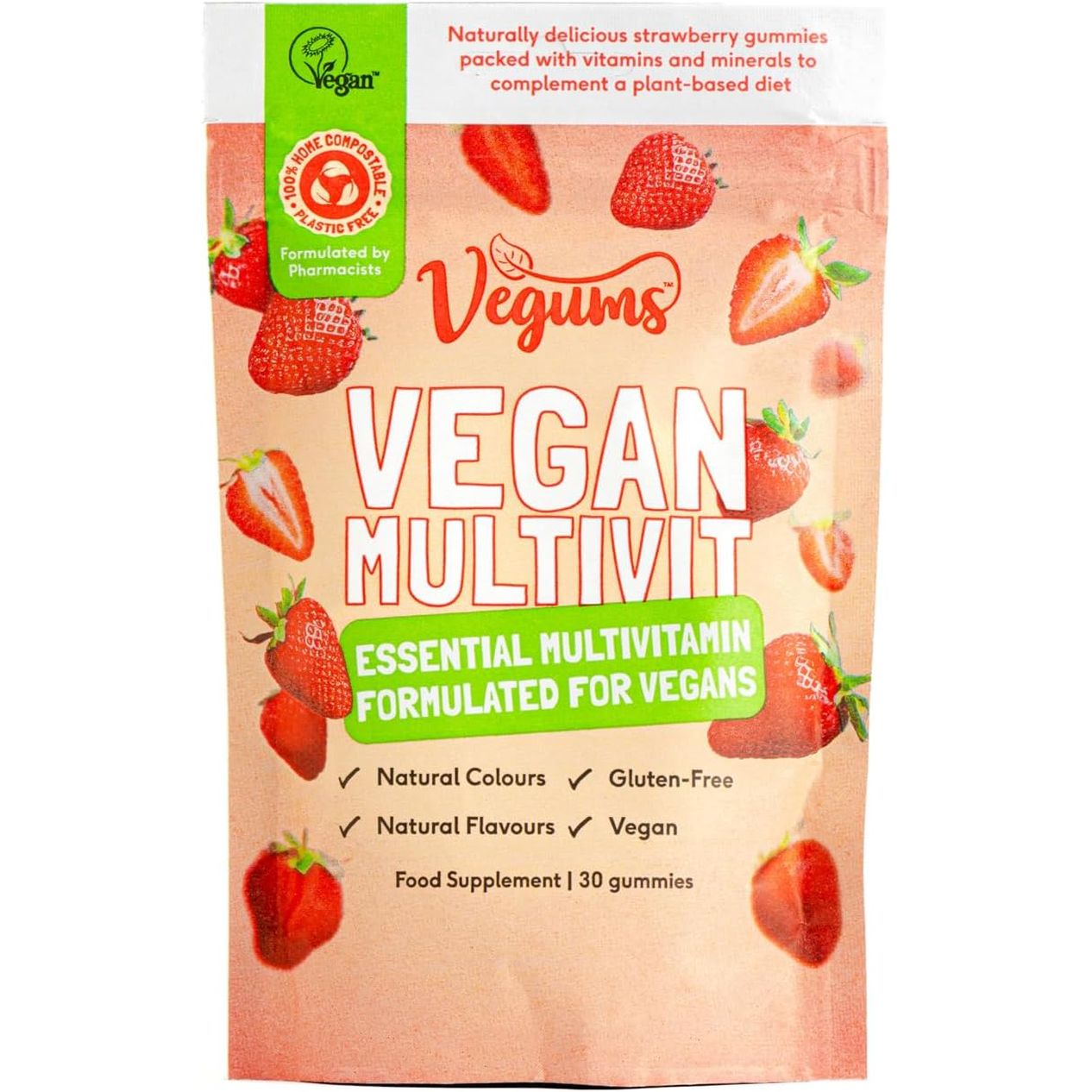 Vegums Multivitamin for Vegans – Natural Vegan Gummy Vitamins with B12, D3, Iodine & Selenium – Sugar-Free – Plastic-Free – 30 Gummies – Vegan Supplement for Adults & Kids
