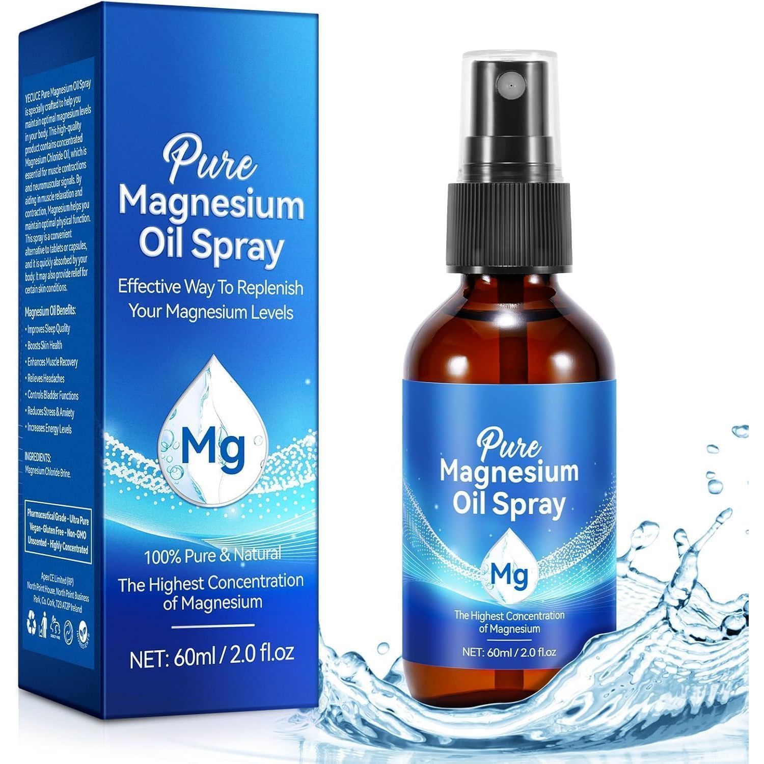 Magnesium Spray,Pure Magnesium Oil Spray,Magnesium Oil for Feet with Natural High Concentration Magnesium Easy Absortion Replenish Body'S Magnesium,Topical Glass Bottle,Gluten Free,2 Fl Oz