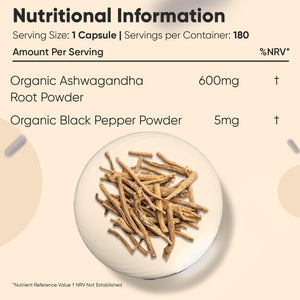 Organic Ashwagandha Capsules - 180 Capsules (6 Months Supply) - with Organic Black Pepper - 1 per Day - Soil Association Certified Ashwagandha Supplement - Non-Gmo, Vegan-Friendly & Additive-Free