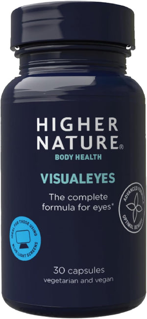 Higher Nature - Visualeyes - Supports Vision - Lutein, Zeaxanthin, Bilberry & Essential Vitamins - 10 Active Ingredients - Vegan - 30 Capsules