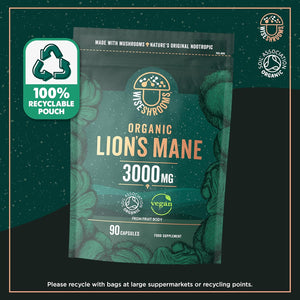Organic Lions Mane Supplement 3000Mg | High Strength Mushroom Supplement | from Fruit Body | 90 Vegan Capsules | by Wiseshrooms