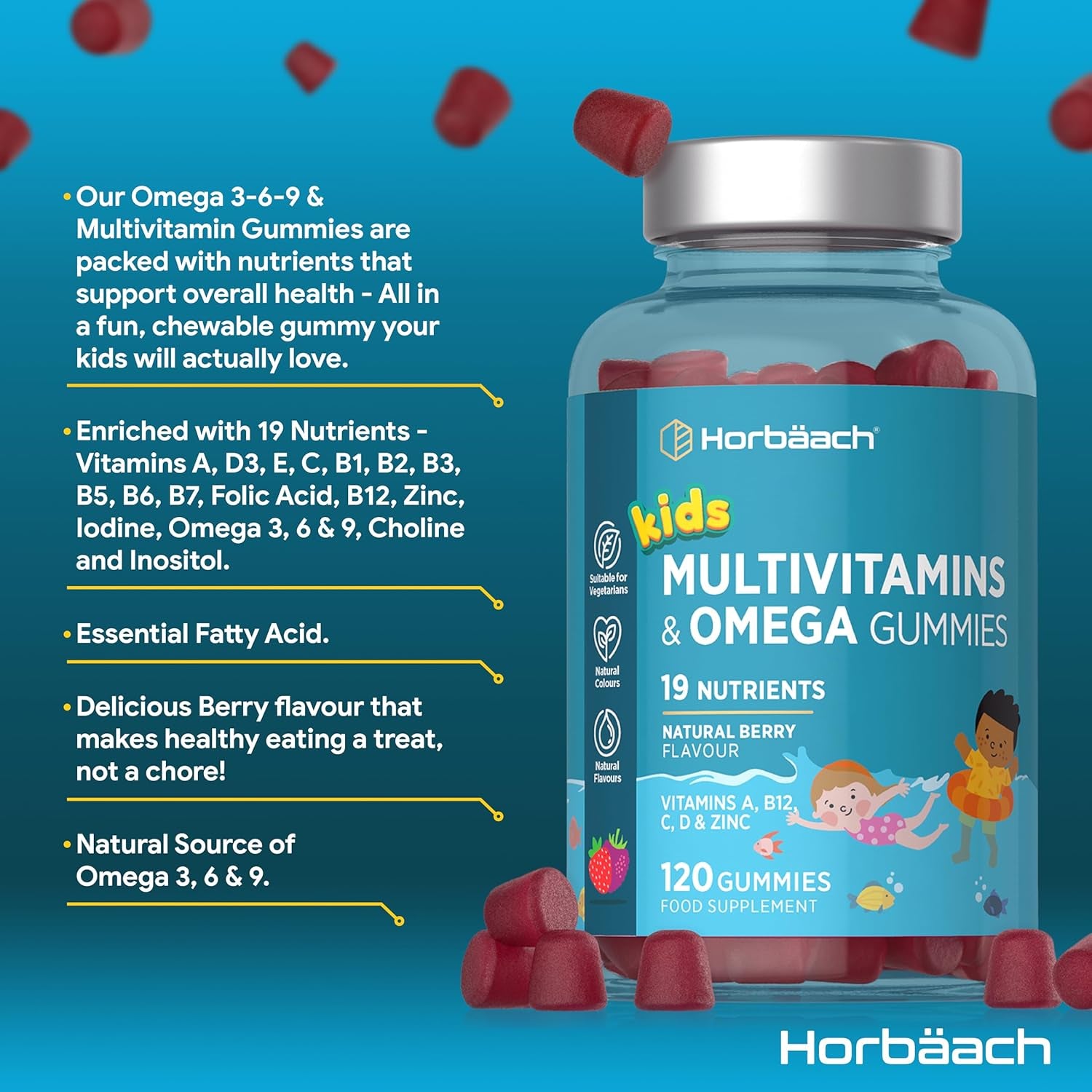 Kids Multivitamin Omega 3 6 9 Gummies | 120 Count | 19 Nutrients with Vitamin A, B12, C, D and Zinc | Natural Berry Flavour | Vegetarian Friendly Formula | by Horbaach