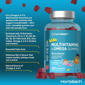 Kids Multivitamin Omega 3 6 9 Gummies | 120 Count | 19 Nutrients with Vitamin A, B12, C, D and Zinc | Natural Berry Flavour | Vegetarian Friendly Formula | by Horbaach