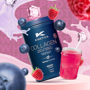 Kinetica Sports Collagen Powder - Berry Flavour | 350G | 5G FORTIGEL Bovine Collagen/Serve, 320Mg Vitamin C, 5Μg Vitamin D, 100Mg Hyaluronic Acid & 500Mg Glucosamine Sulphate | Joint & Muscle Support
