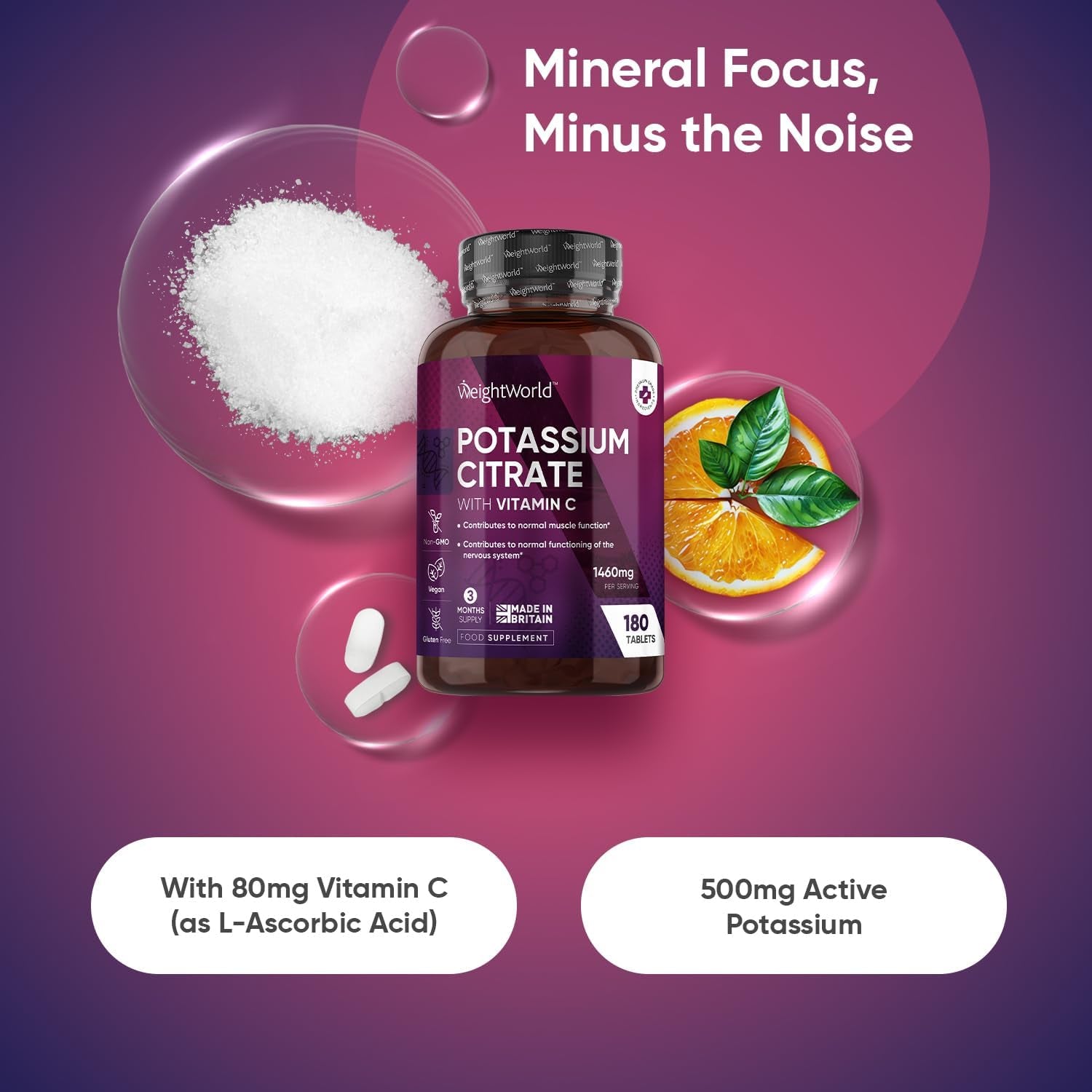 Potassium Supplement with Vitamin C 1460Mg | 3 Months Supply | 180 Tablets | Electrolytes Tablets | Bioavailable Potassium Citrate Form | Non-Gmo, Gluten-Free & Vegan-Friendly | Made in the UK