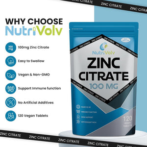 Zinc Citrate 100Mg Supplements Immune Health Fertility Vision Acne Skin Hair | 120 Tablets