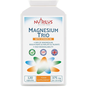 Nutrilus Magnesium Trio Complex 120 Capsules 375Mg per Serving - Magnesium Bisglycinate & Malate & Taurate and Vitamin B6 - Vegan UK Made Supplement