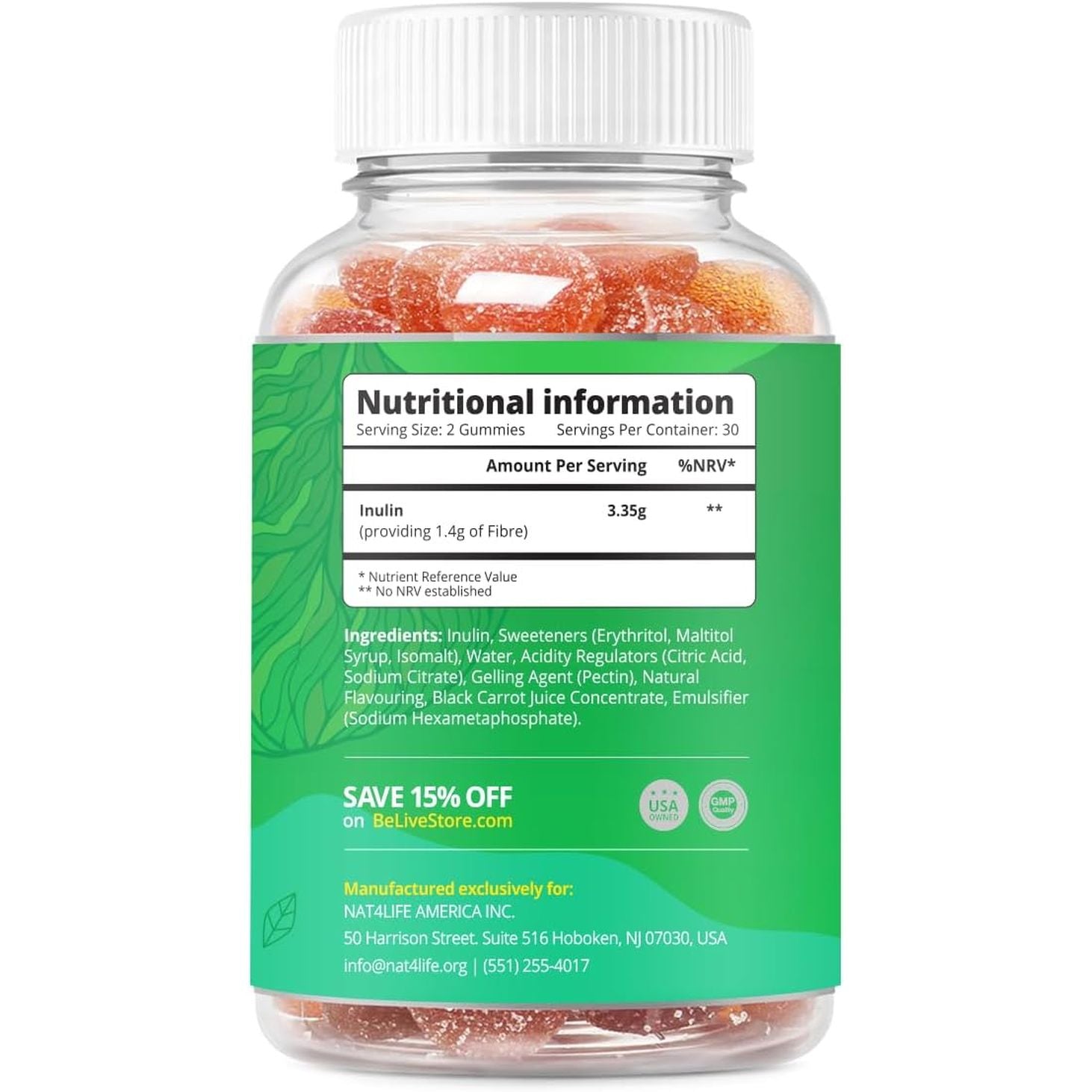 Fiber Gummies with Sugar-Free Prebiotic & High Strength Inulin - Fiber Supplement, Weight Control, Digestive Support for Kids & Adults - Apple Flavor (60 Ct) (1 Pack)