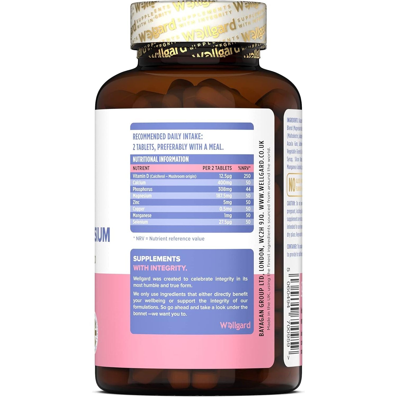 Wellgard Vegan Calcium Magnesium Zinc and Vitamin D Capsules - Calcium Supplement, Calcium Tablets with Phosphorus, Manganese, Selenium, Copper, Made in UK