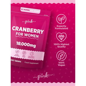 Cranberry Tablets for Urinary Infections 18,000Mg | High Strength Cranberry Extract | 240 Vegan Tablets | Supplement for Women & Men | by Pink