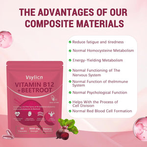 9000Mg Beetroot Extract & 1000Mcg Vitamin B12 Complex - Methylcobalamin & Adenosylcobalamin - Energy & Immune Support - Supports Blood Pressure, Vegan, Nitric Oxide Supplement - 90 Capsules