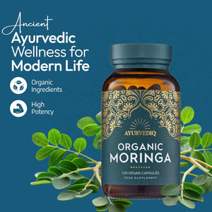 Ayurvediq Wellness Organic Moringa Capsules 500Mg, 120 High Strength Moringa Powder Capsules – Soil Association Certified Moringa Oleifera Powder - Vegan Ayurvedic Products