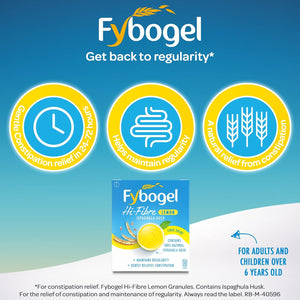 Fybogel Hi-Fibre Lemon Sachets - 10 Pack | Ispaghula Husk for Constipation, Regularity, Fast Digestion, and Nausea Relief | Natural Supplement for Effective Results