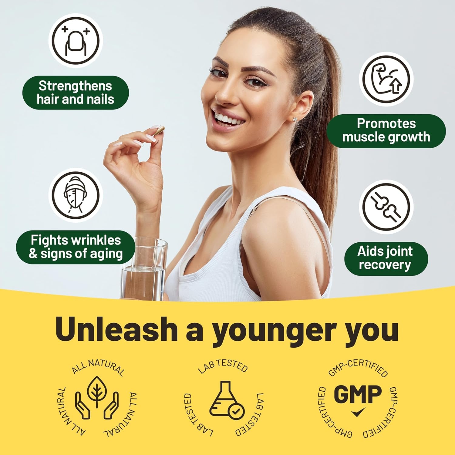 Vegan Collagen with Biotin, Lysine, Bamboo Silica, Zinc, Vitamin C, E & A. Collagen Supplements for Women 2 Months Supply. for Hair, Nails, Joints & Bones.