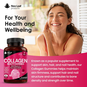 Collagen Gummies - High Strength Type L Bovine Collagan Beauty Supplement - Advanced Superior Type 1 Hydrolysed Collagen Peptides - Added Biotin, Vitamin C & Folic - 60 Gummies