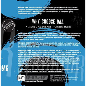 Warrior DAA D-Aspartic Acid Supplement 750Mg – 120 Capsules Pure Testosterone Support Supplement for Men with Muscle Growth, Strength & Vitality Natural Ingredients