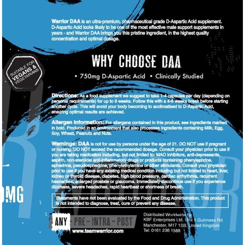 Warrior DAA D-Aspartic Acid Supplement 750Mg – 120 Capsules Pure Testosterone Support Supplement for Men with Muscle Growth, Strength & Vitality Natural Ingredients
