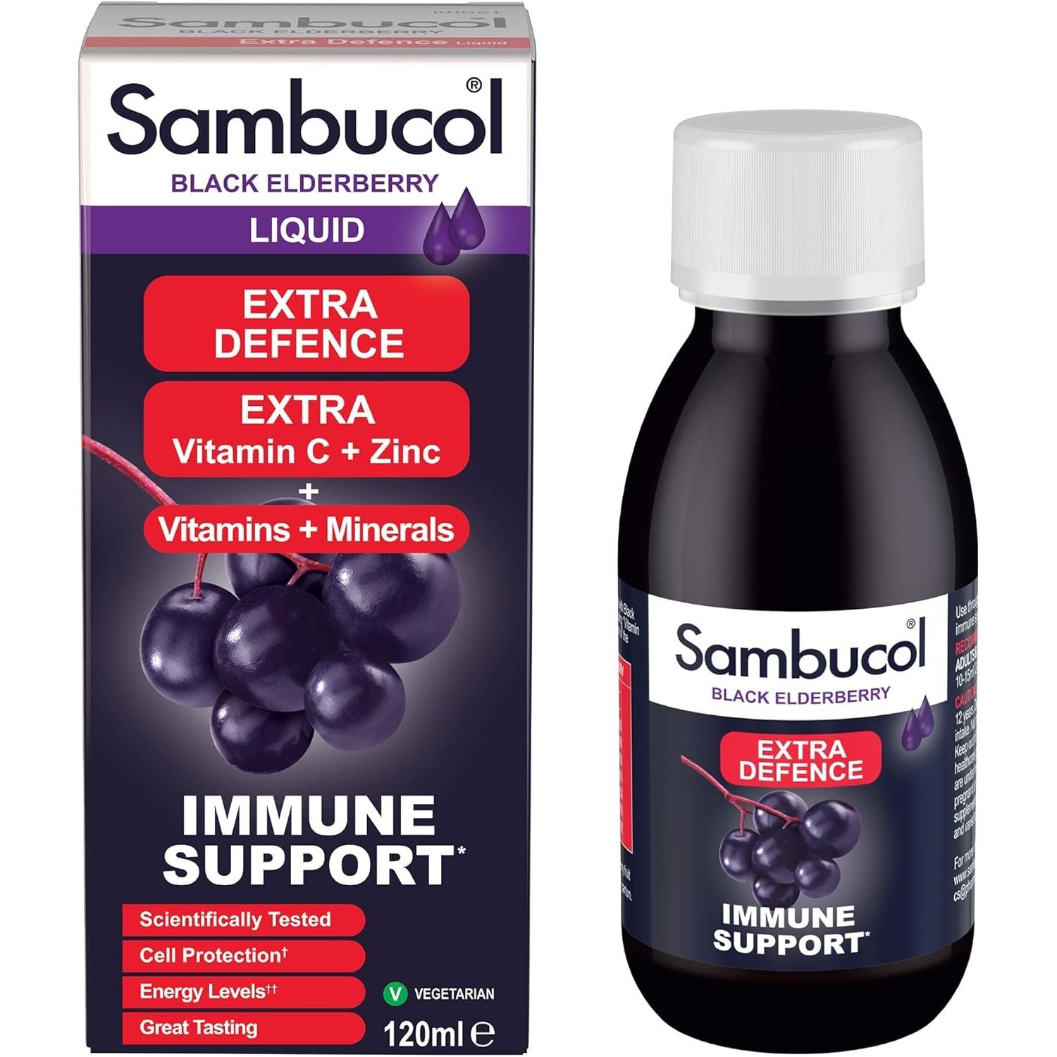 Sambucol Natural Black Elderberry Extra Defence Liquid | Vitamin C, B6 & D | Zinc | Folic Acid & Minerals |Advanced Immune Support Supplement | 120Ml