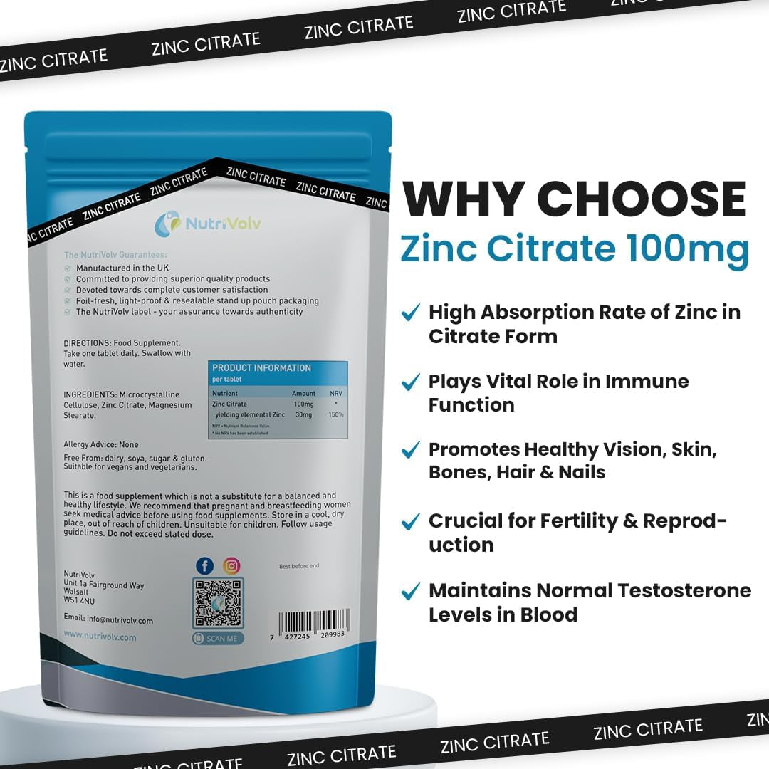 Zinc Citrate 100Mg Supplements Immune Health Fertility Vision Acne Skin Hair | 120 Tablets