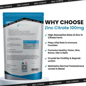 Zinc Citrate 100Mg Supplements Immune Health Fertility Vision Acne Skin Hair | 120 Tablets