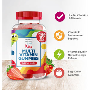Multivitamin for Kids 120 Natural Strawberry Flavour Gummies - Contains 9 Essential Vitamins and Minerals Including Vitamin C D a & B Vitamins for Childrens
