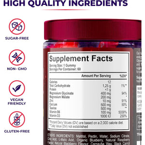 Magnesium Glycinate Gummies for Kids & Adults - High Strength Magnesium Glycinate 400Mg with Malate, Zinc, D3, B6 & Taurine – Blueberry & Raspberry Flavours – Sleep, Focus & Relaxation – 60 Chews