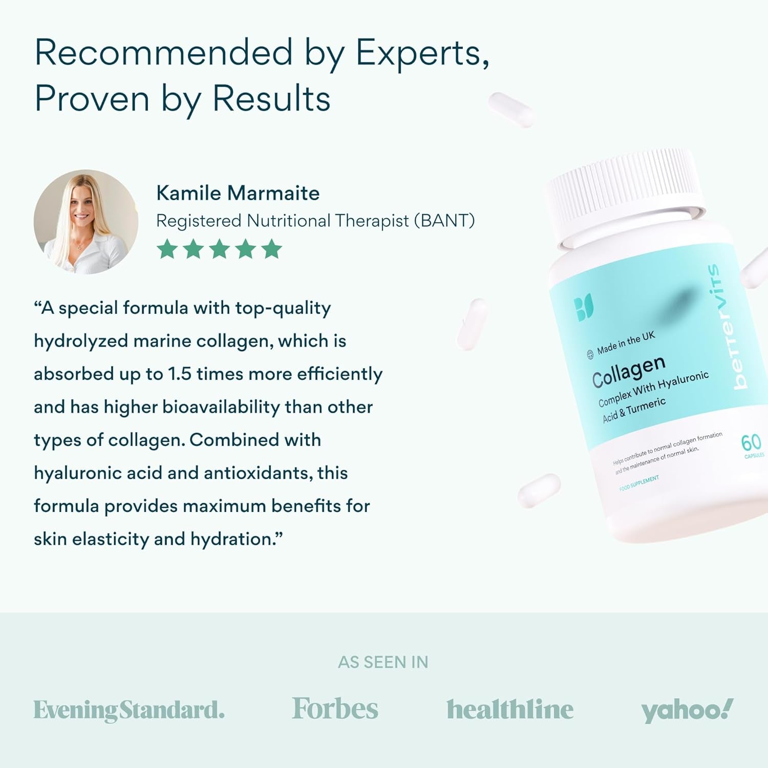 Bettervits Collagen Complex with Hyaluronic Acid and Vitamin C | Marine Collagen Supplements for Women and Men with Biotin | High-Strength Vitamin E for Skin, Hair, Nails, Joint Health - 60 Capsules