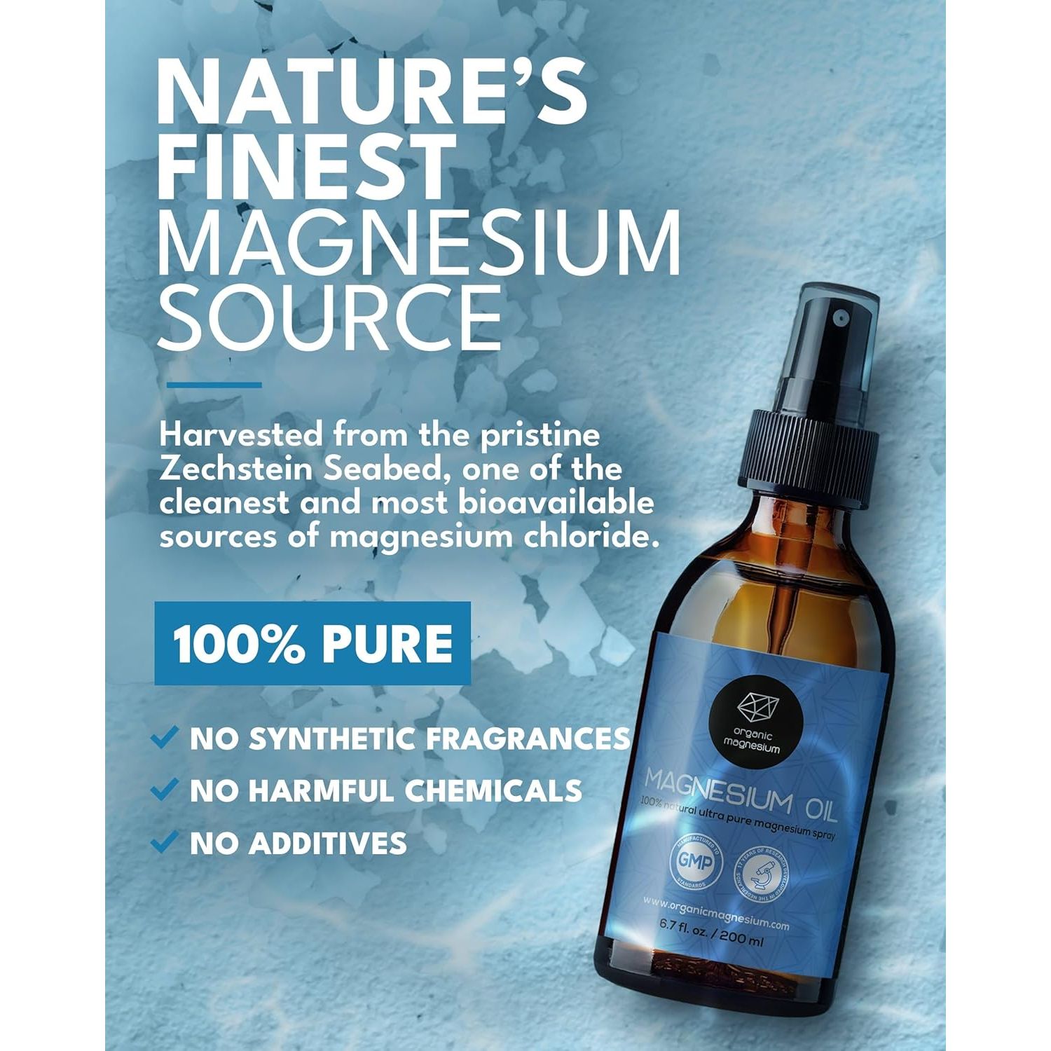 Magnesium Spray for Restless Legs, Muscle Cramps, Joints & Sleep – Topical Magnesium Oil for Feet & Body – Zechstein Source – 100% Natural & Ultra Pure – 200Ml Glass Bottle