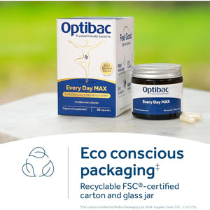 Optibac Probiotics Every Day MAX - Advanced Maximum Strength Vegan Digestive Probiotic Supplement with 75 Billion Bacterial Cultures - 30 Capsules