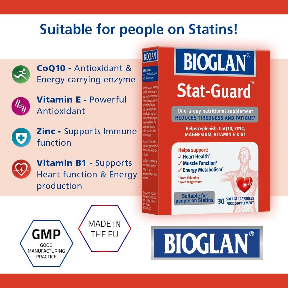 Bioglan Stat Guard | Coq10 | Zinc | Vitamin E | Vitamin B1 | Magnesium | Helps Reduces Tiredness | Fatigue & Supports Heart Health | 30 Capsules
