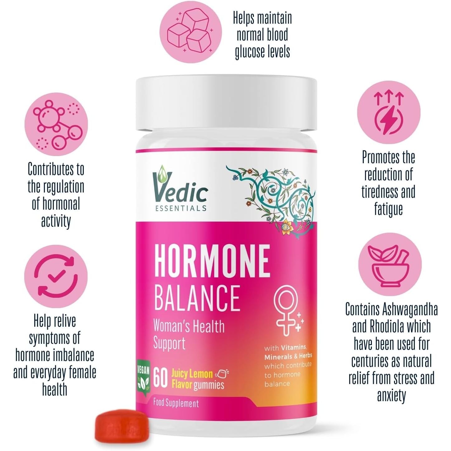 Vedic Hormone Balance Gummies | Natural Support for Female Health- for Teens & Women of All Ages | Essential Vitamins, Minerals & Herbs for Women’S Health | Yummy Lemon Flavour- 60 Vegan Gummies