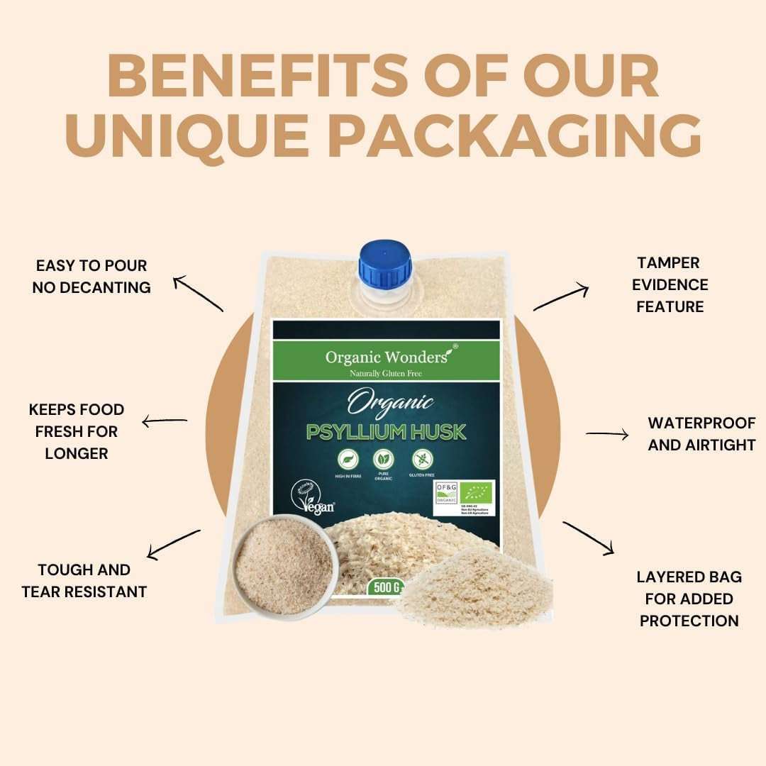 Organic Psyllium Husk Powder (500G) | 99% Pure | High in Fibre | Digestive Support, Regularity & Weight Management | 100+ Servings | Gluten-Free | Premium for Baking by Organic Wonders®