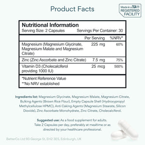 Bettervits Magnesium Glycinate Complex with Citrate, Malate, Zinc & Vitamin D3 | Magnesium Supplements for Muscle Recovery, Heart Health & Sleep Support - High Absorption | 60 Capsules